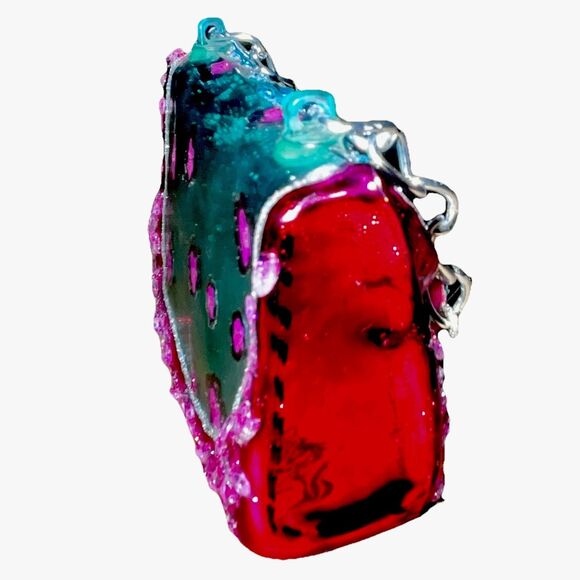 Vintage Hand Blown Glass Purse Ornament Pink Teal Leopard Beaded Handbag Decor - Picture 4 of 5